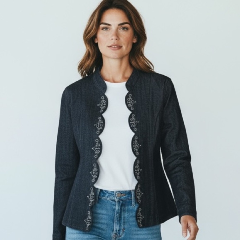 ADDITIONS CHICO’S -‎ FITS LIKE A MEDIUM-  DARK WASH DENIM - SCALLOPS & SEQUIN B7